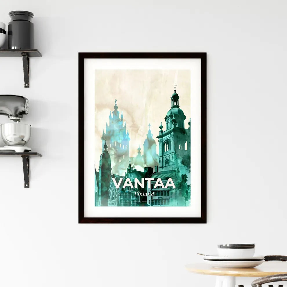 Vantaa Skyline Poster: Blue-Green Duo - A group of buildings with towers Custom Print