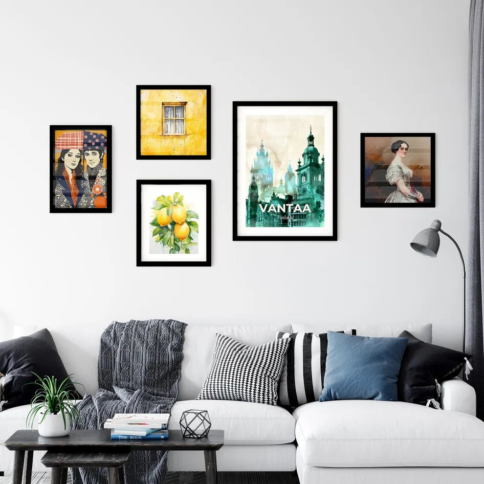 Vantaa Skyline Poster: Blue-Green Duo - A group of buildings with towers Interior Design