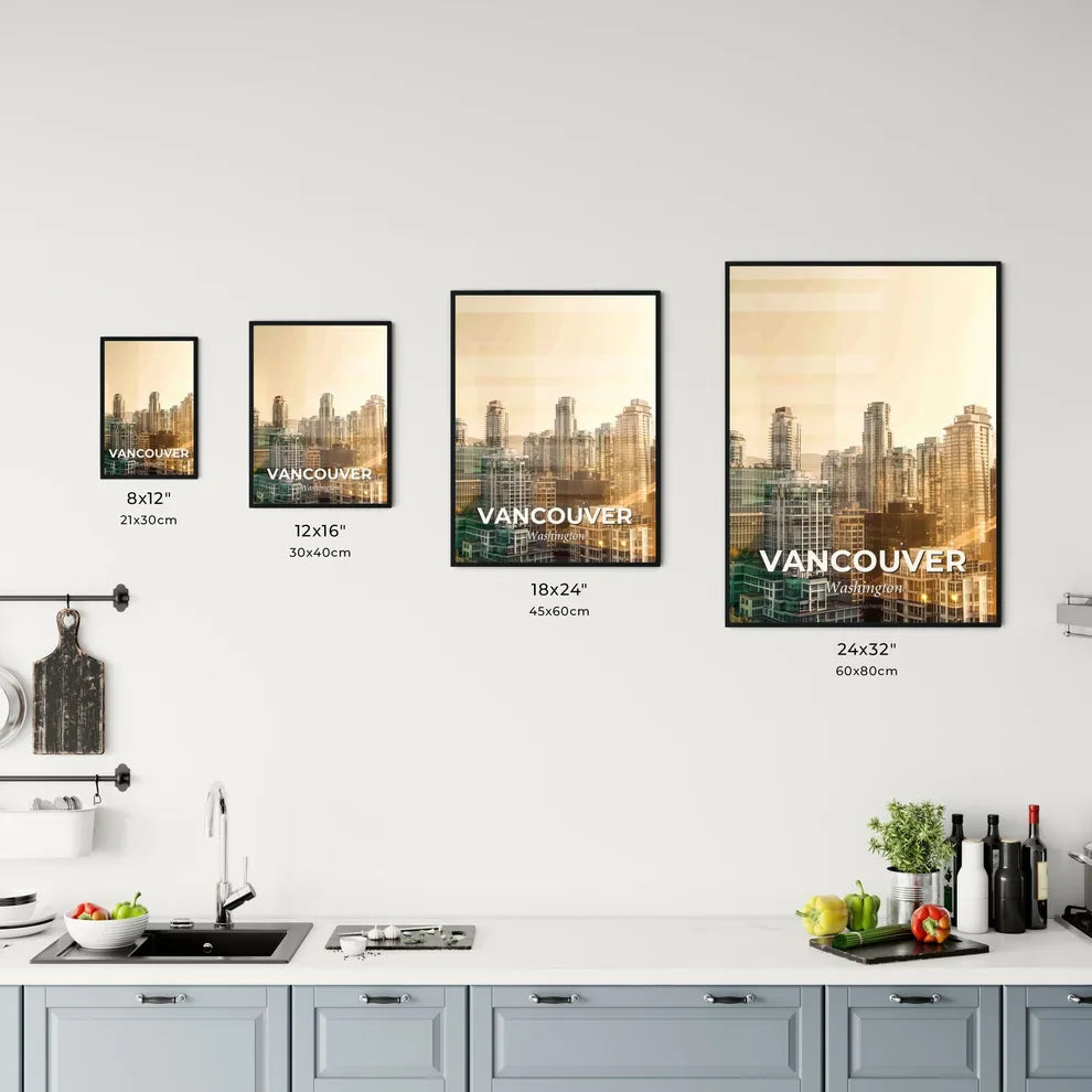 Vancouver Skyline Double Exposure City Poster - A city skyline with many tall buildings Size Chart