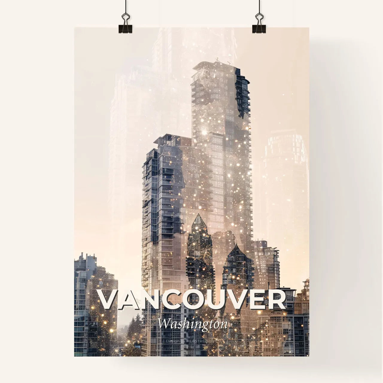 Vancouver Cityscape Sparkles on Beige - A city skyline with many tall buildings Poster