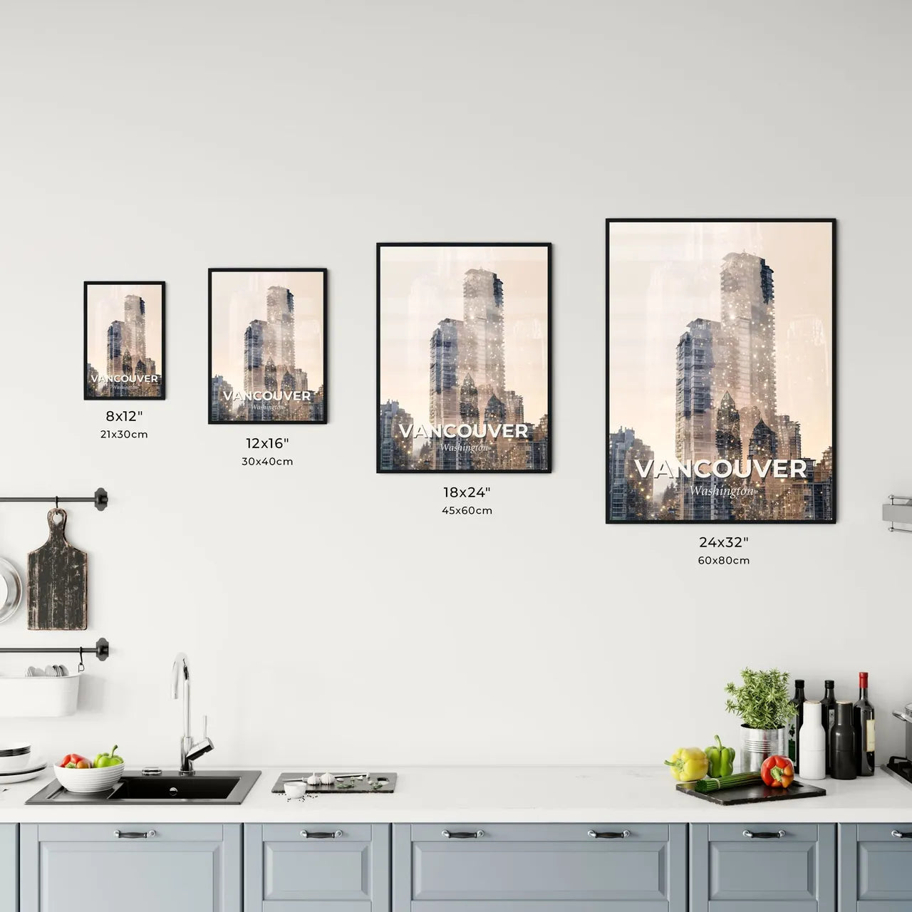 Vancouver Cityscape Sparkles on Beige - A city skyline with many tall buildings Size Chart