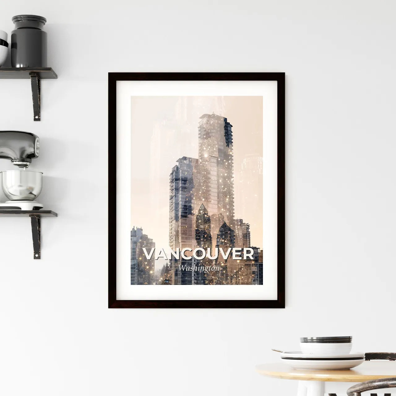 Vancouver Cityscape Sparkles on Beige - A city skyline with many tall buildings Custom Print