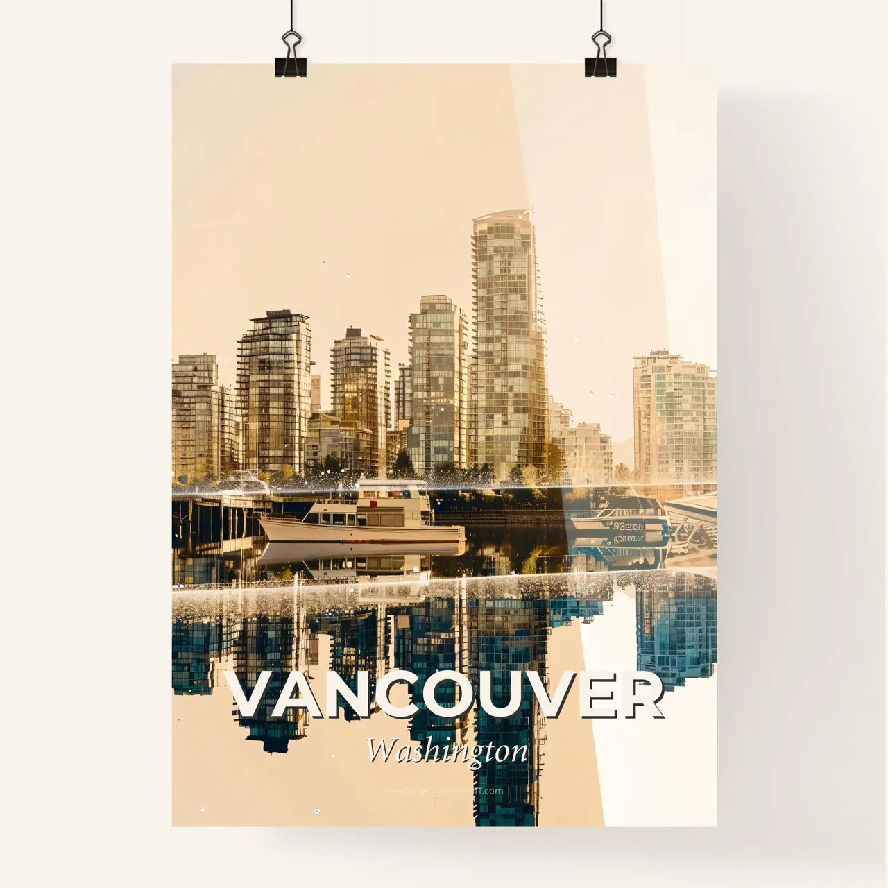 Vancouver Skyline Double Exposure Art - A city skyline with boats and buildings reflected in water Poster