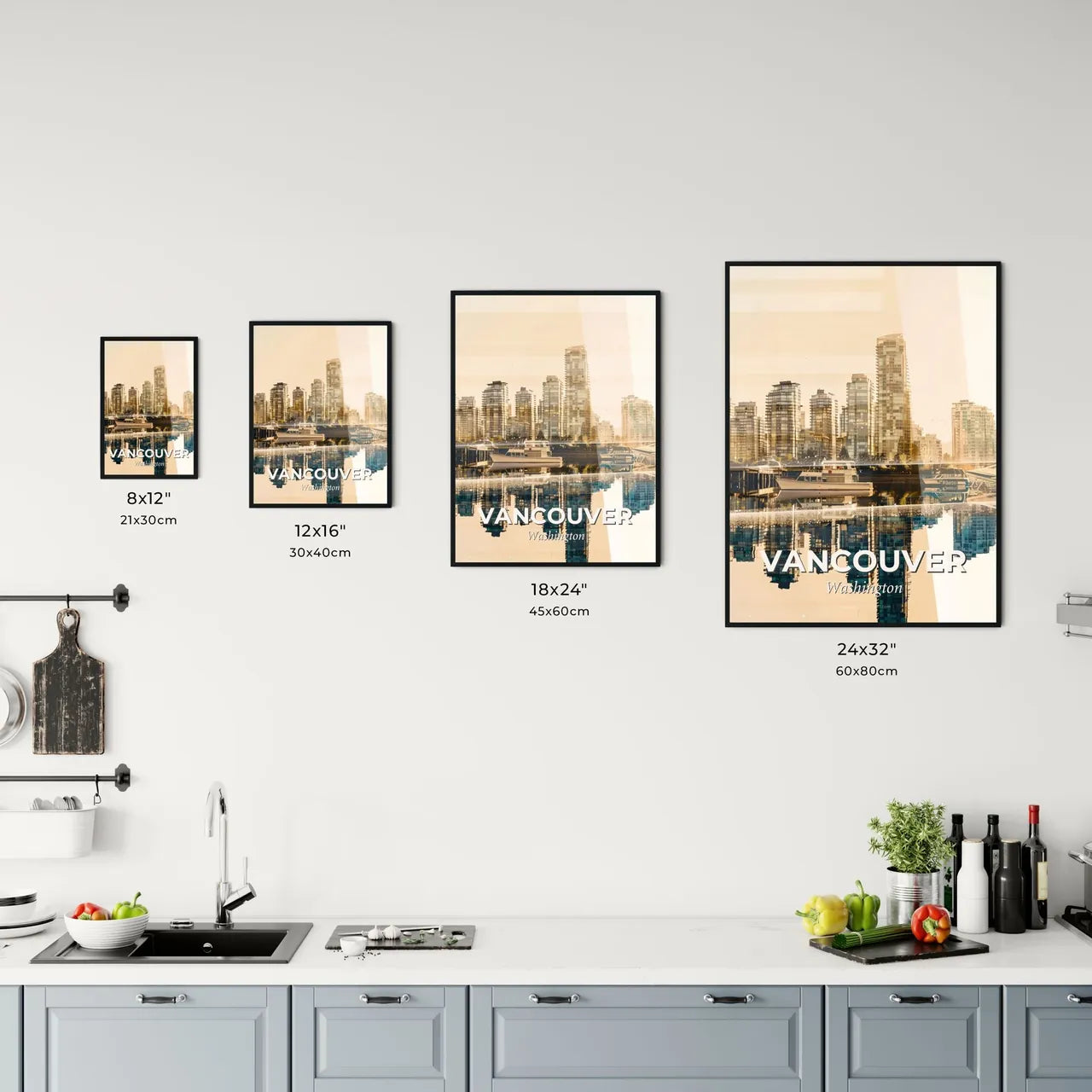 Vancouver Skyline Double Exposure Art - A city skyline with boats and buildings reflected in water Size Chart