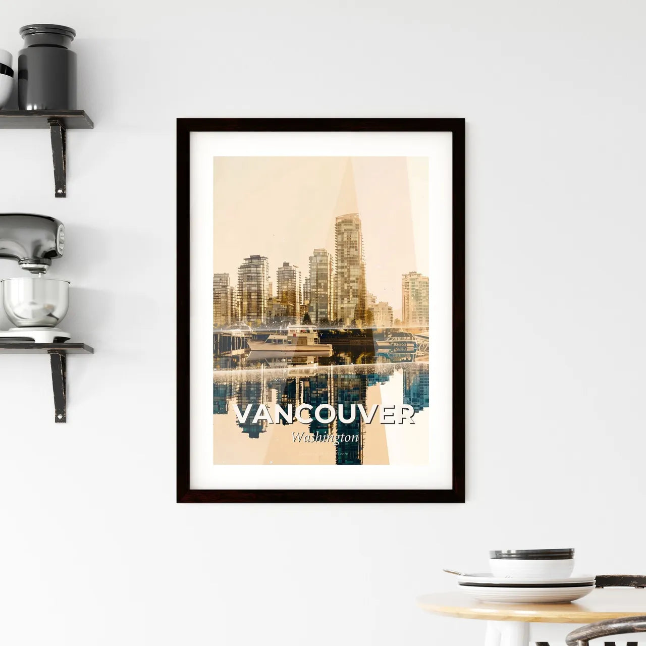 Vancouver Skyline Double Exposure Art - A city skyline with boats and buildings reflected in water Custom Print