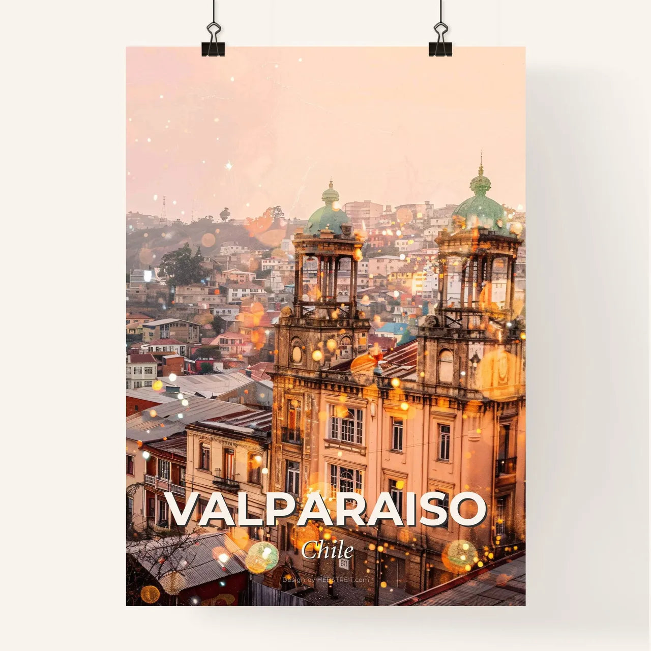 Valparaiso Chile City Skyline Art Deco Poster Design - A building with a bell tower and a city in the background Poster