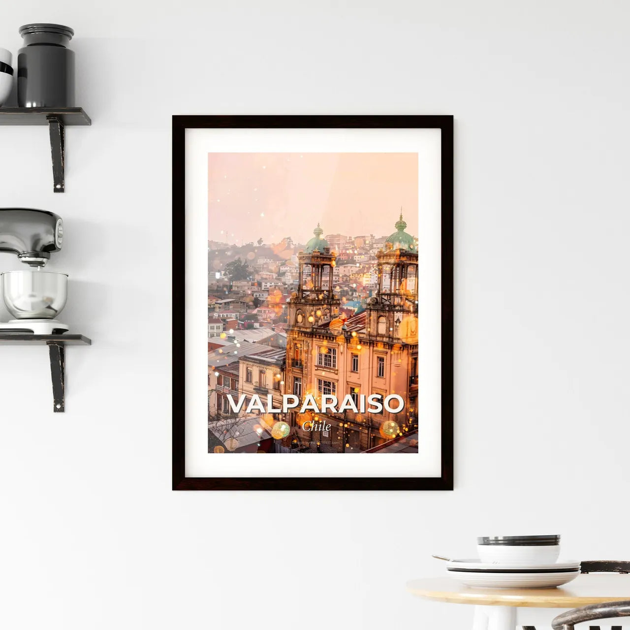 Valparaiso Chile City Skyline Art Deco Poster Design - A building with a bell tower and a city in the background Custom Print