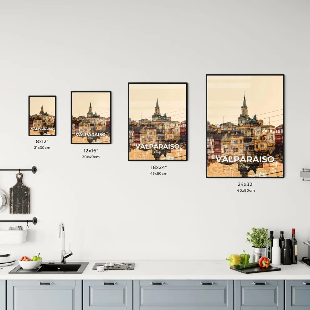 Valparaiso Skyline Cityscape Local Architecture Art Poster - A city with a tower and buildings Size Chart