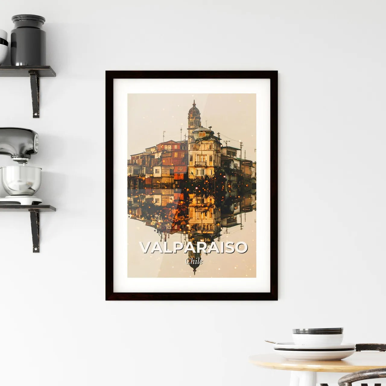 Valparaiso Cityscape Double Exposure Poster - A group of buildings reflected in water Custom Print