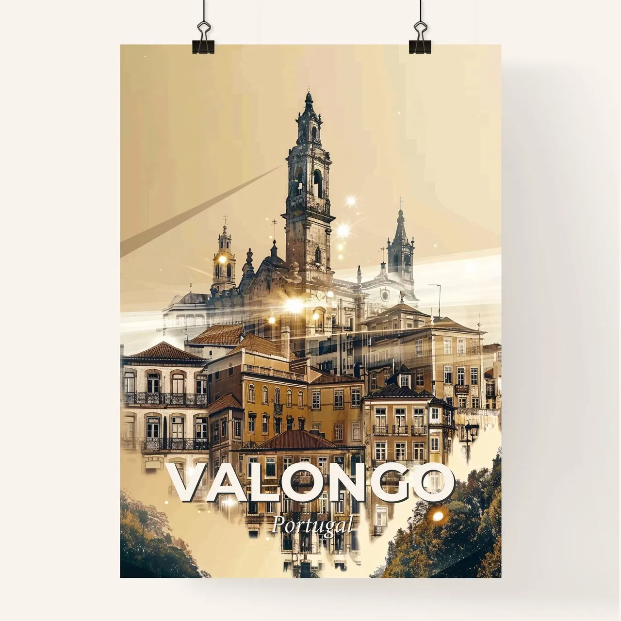 Valongo Double Exposure Skyline Art - A building with a tower Poster