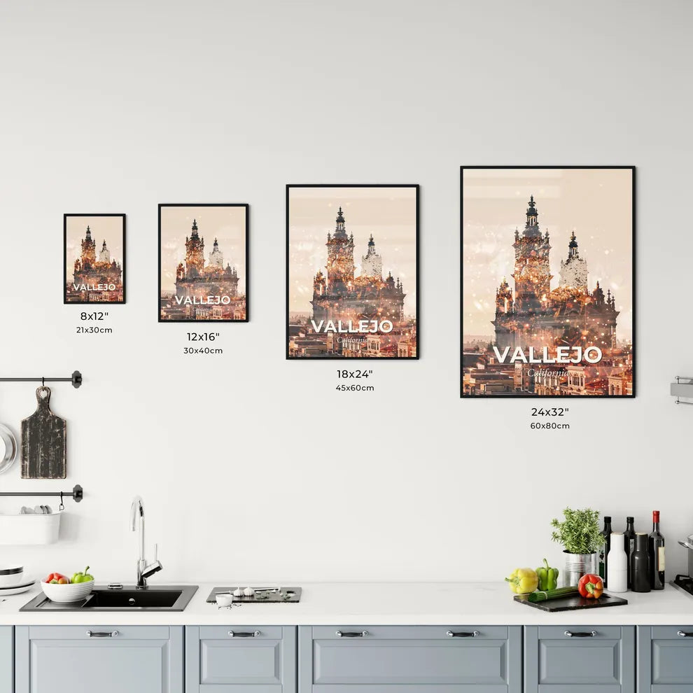 Vallejo Skyline: Double Exposure Cityscape - A large building with towers and spires Size Chart