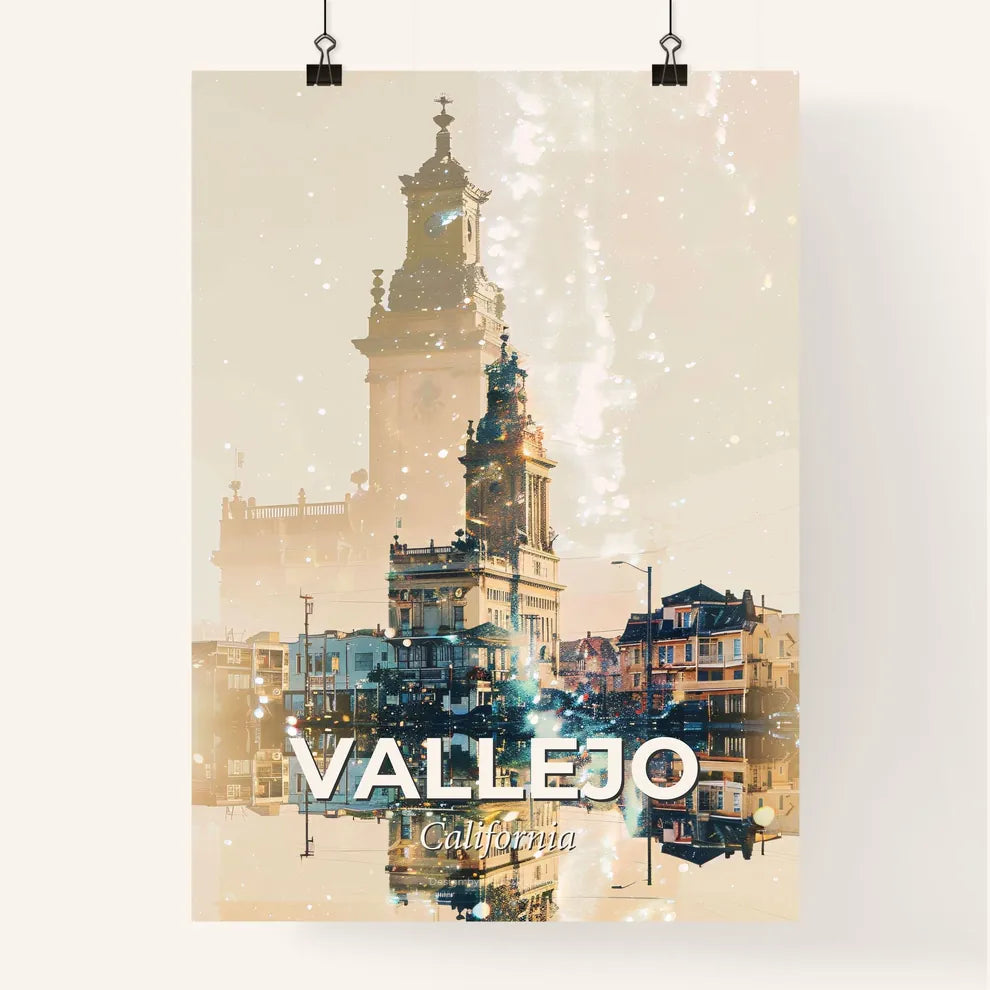 Vallejo City Echoes in Subtle Lights - A city with a tower and buildings Poster