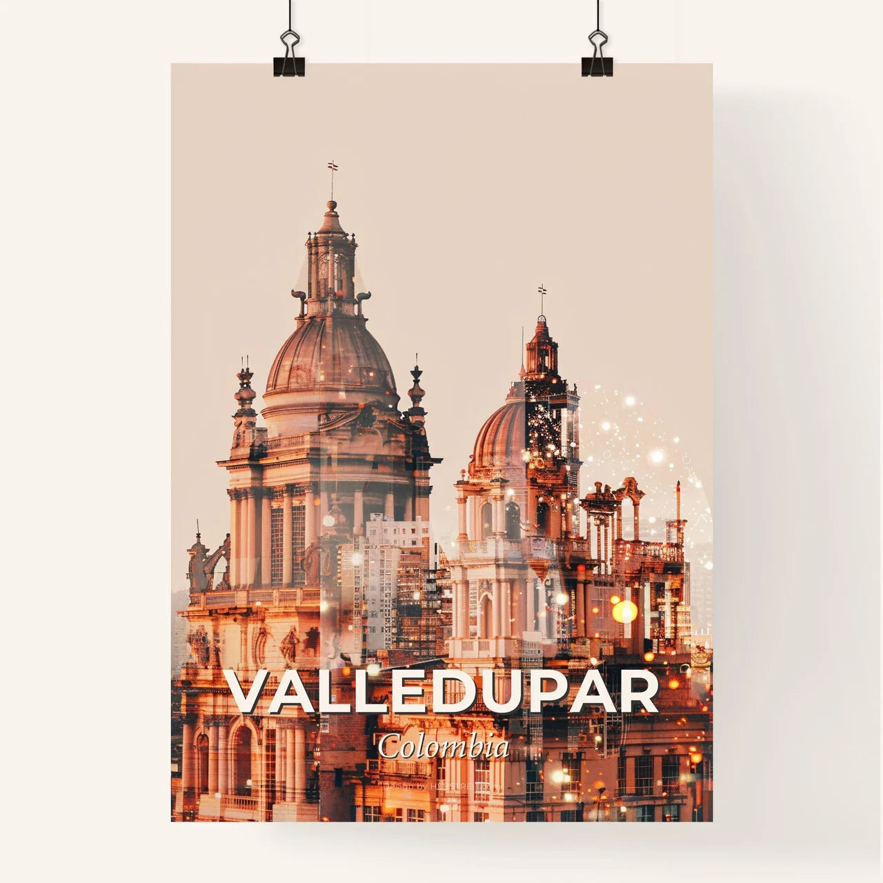 Valledupar Skyline Icons Bright Poster Art - A double exposure of a building Poster
