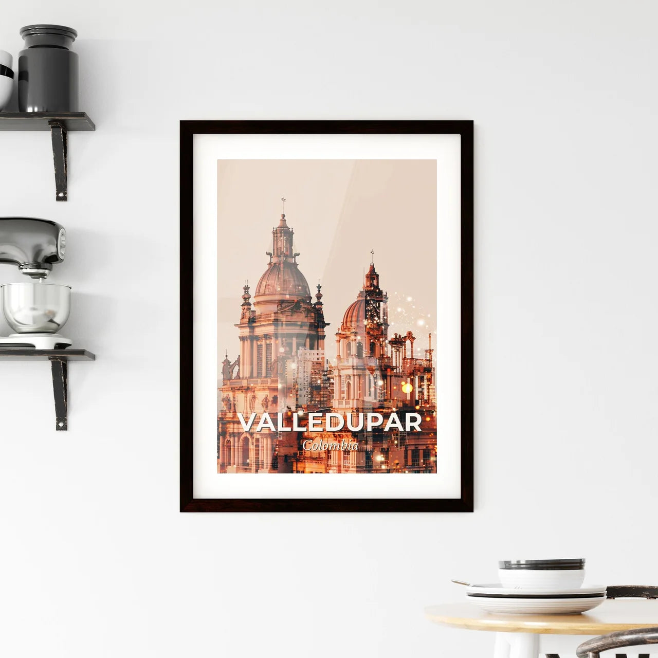 Valledupar Skyline Icons Bright Poster Art - A double exposure of a building Custom Print