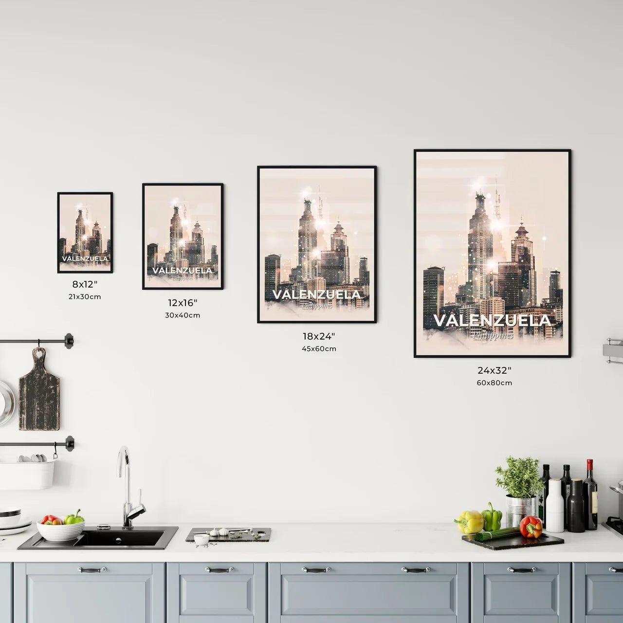 Valenzuela Skyline Art Poster Cityscape Double Exposure - A city skyline with many tall buildings Size Chart