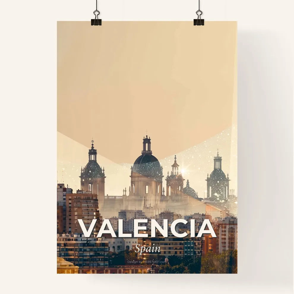 Valencia City Skyline Double Exposure Composite - A city skyline with a large building Poster
