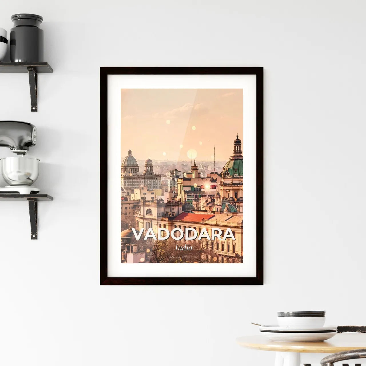 Vadodara Cityscape Art: Beige Subtle Backlights - A city with many buildings Custom Print
