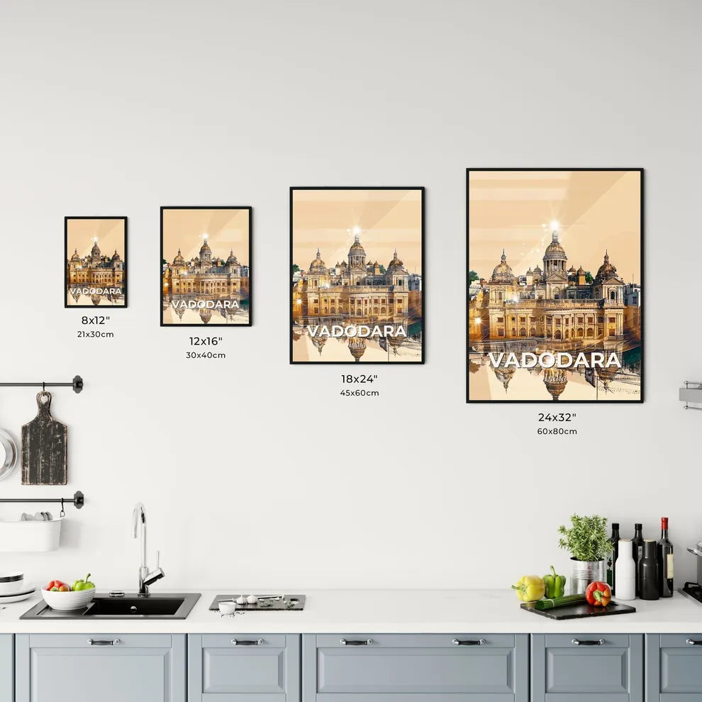 Vadodara Skyline Composite Double Exposure Poster - A building with a large dome and a large body of water Size Chart