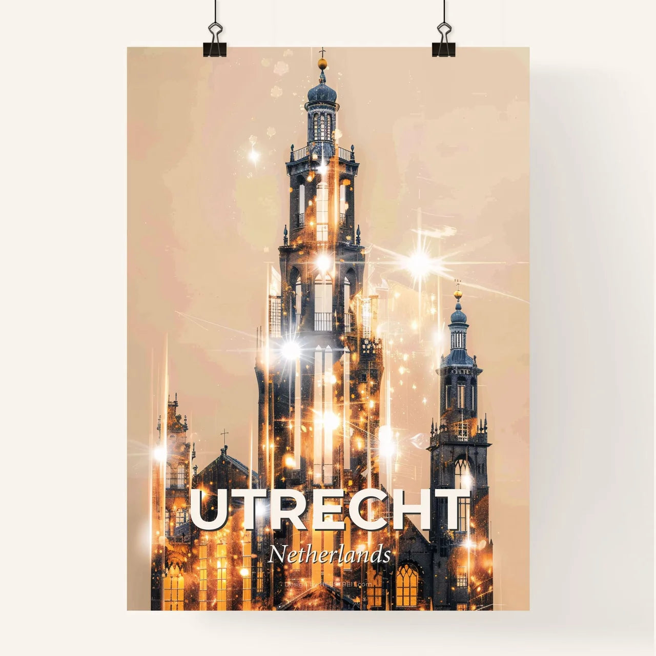 Utrecht Double Exposure Panorama Cityscape - A building with lights and stars Poster