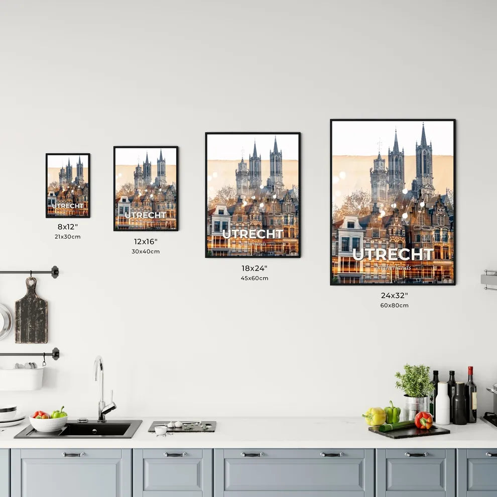 Utrecht Night Lights Composite Art Poster - A building with towers and trees Size Chart