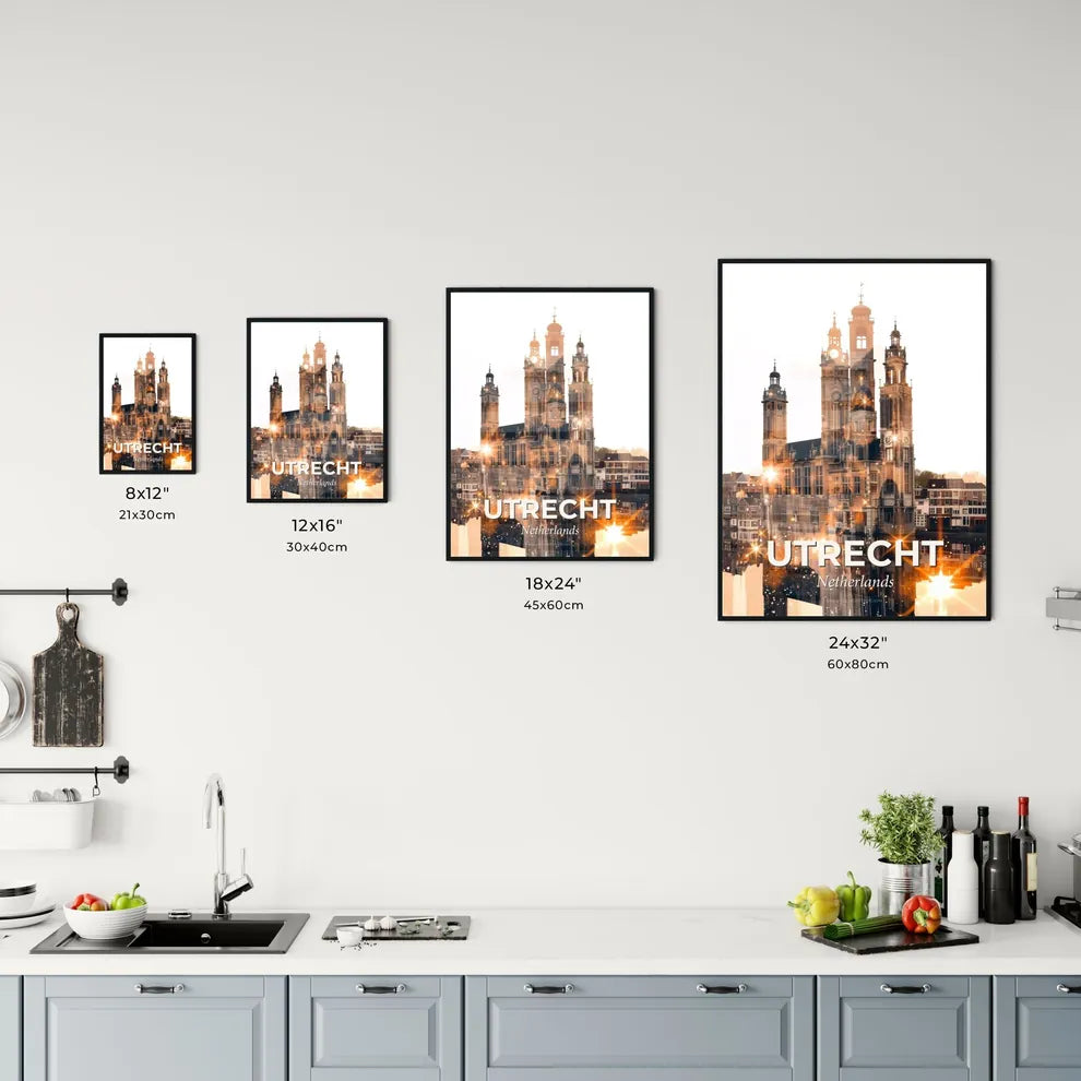 Utrecht: Double Exposure City Art Skyline Poster - A building with towers and lights Size Chart