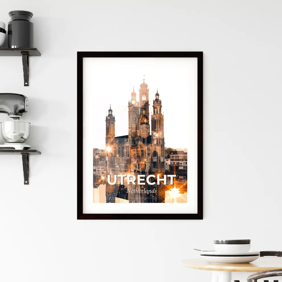Utrecht: Double Exposure City Art Skyline Poster - A building with towers and lights Custom Print