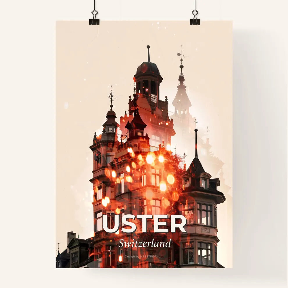 Uster City Skyline Art Poster in Beige - A building with a tower and a fire Poster