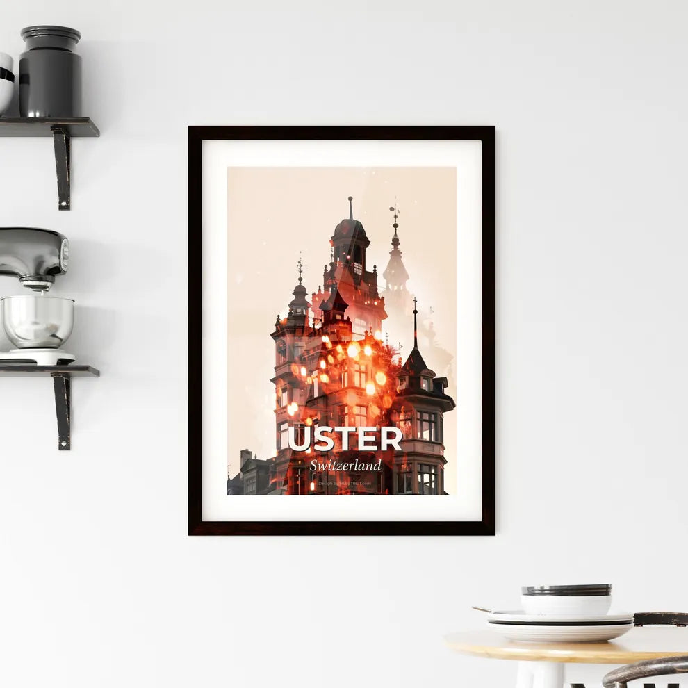 Uster City Skyline Art Poster in Beige - A building with a tower and a fire Custom Print