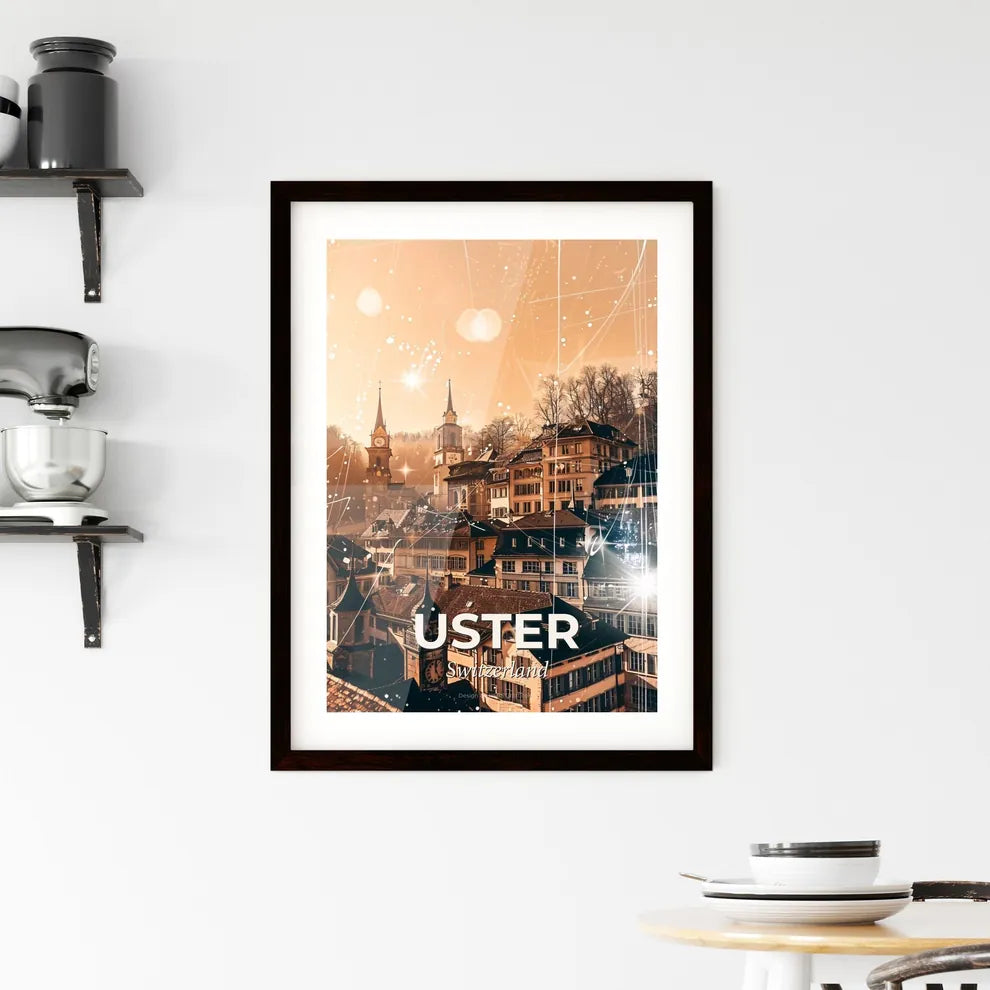Uster Double Exposure Cityscape Poster Art - A city with many buildings and a clock tower Custom Print