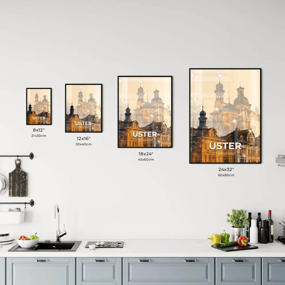Uster Switzerland Skyline Composite Art Poster - A building with towers and spires Size Chart