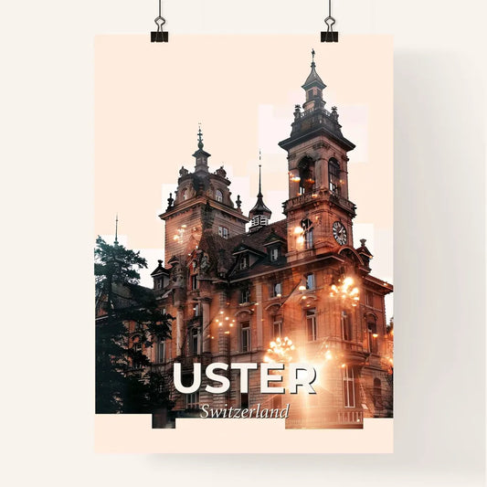 Uster Skyline Double Exposure Art Poster - A building with a clock tower Poster
