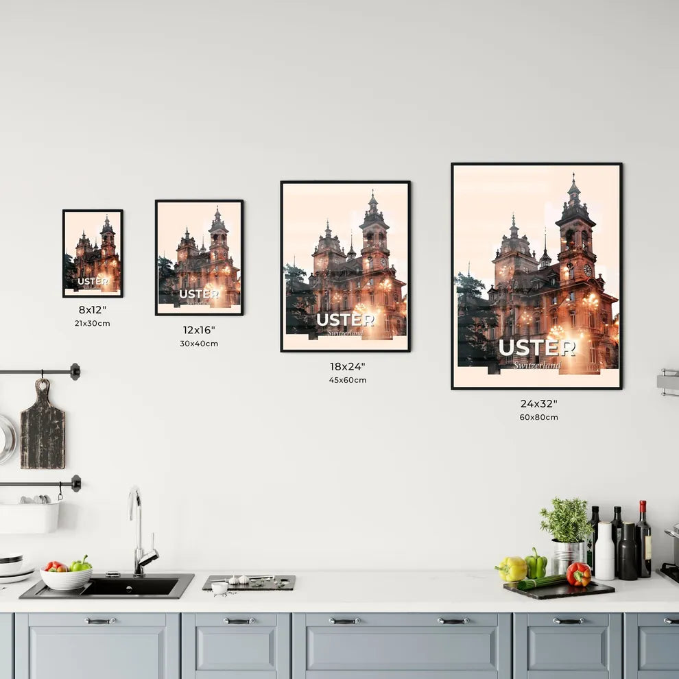Uster Skyline Double Exposure Art Poster - A building with a clock tower Size Chart