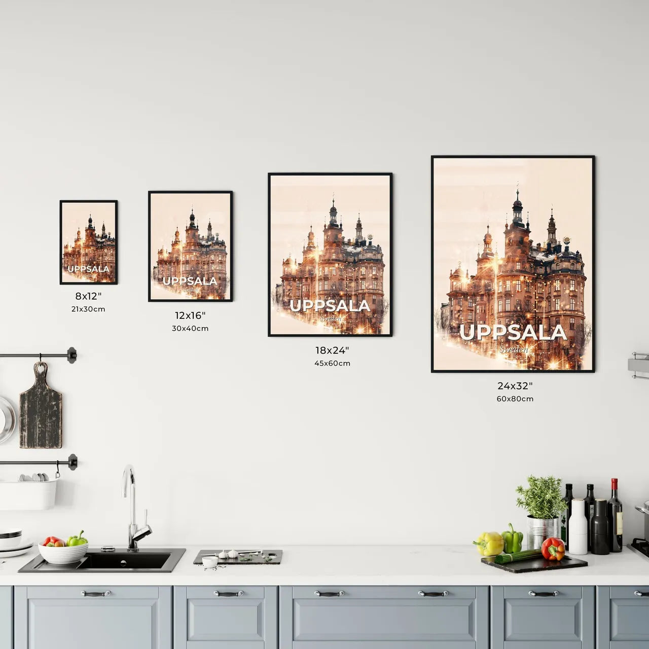 Uppsala City Skyline Composite Poster - A building with many windows Size Chart