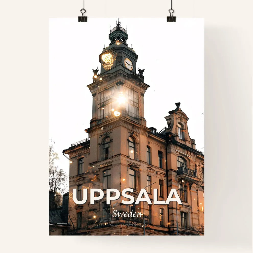 Uppsala: City Skyline Double Exposure Glow - A building with a clock tower Poster