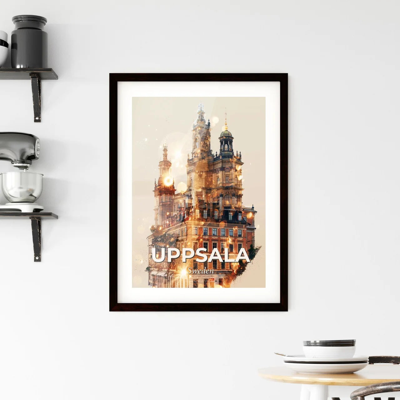 Uppsala: Double-Exposure City Skyline Poster - A building with a tower and a clock tower Custom Print