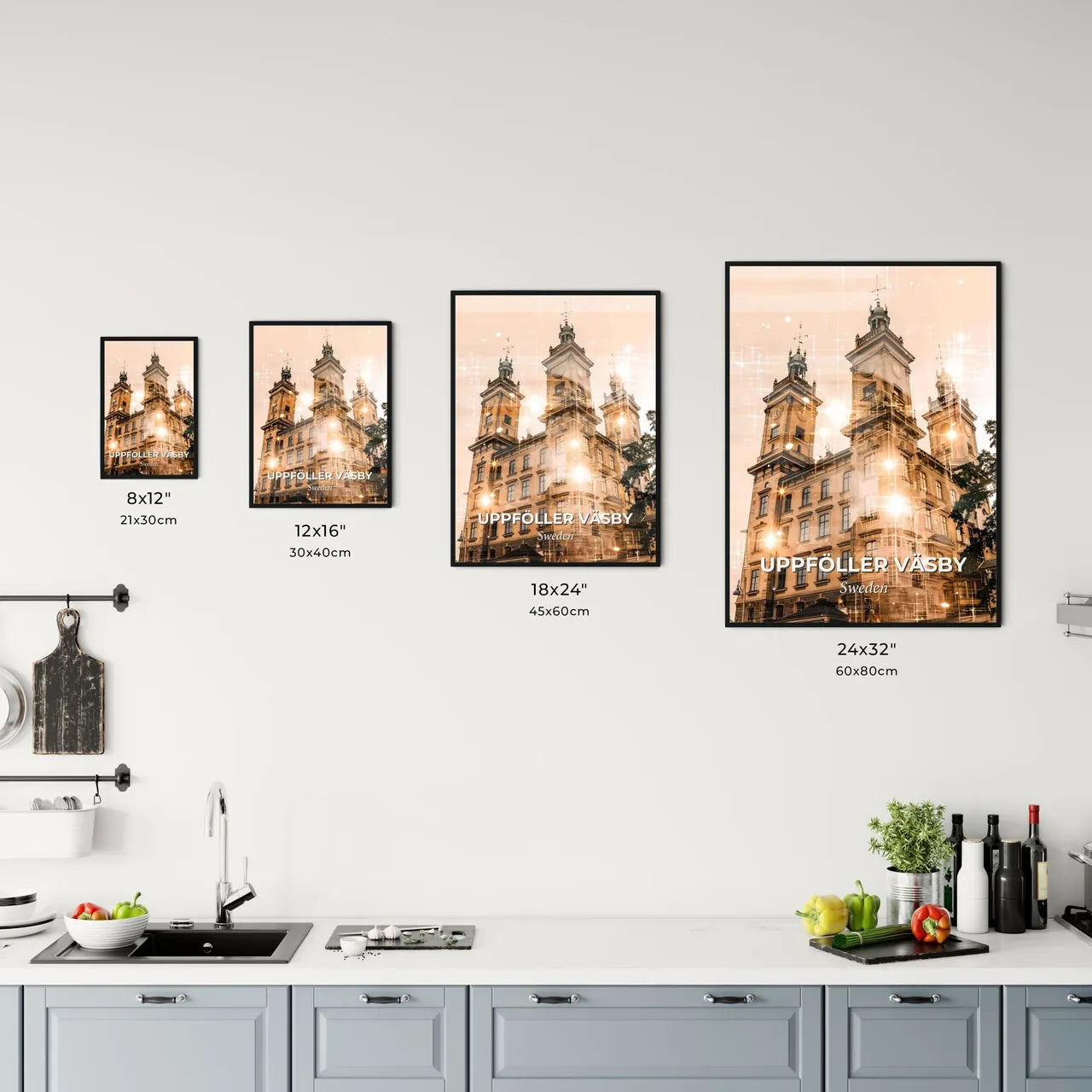 Upplands Vasby Skyline Cityscape Modern Art Poster - A building with a clock tower Size Chart