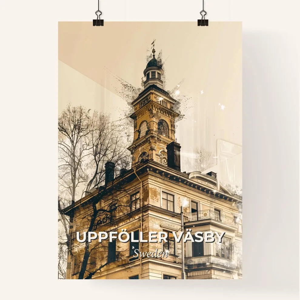 Upplands Väsby City Skyline Beige Minimalist - A building with a tower Poster