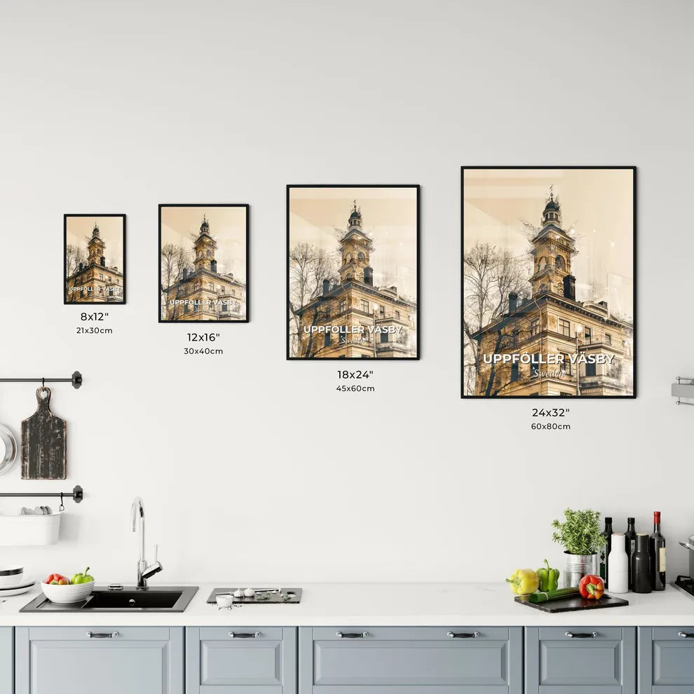 Upplands Väsby City Skyline Beige Minimalist - A building with a tower Size Chart