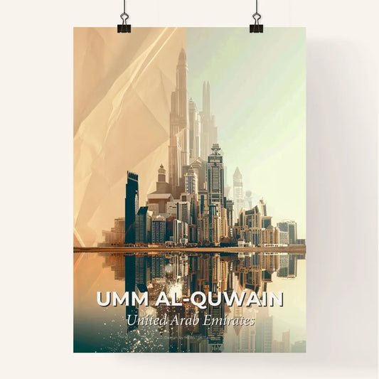 Umm al-Quwain Skyline Cityscape Fine Art Poster - A city with tall buildings reflected in water Poster