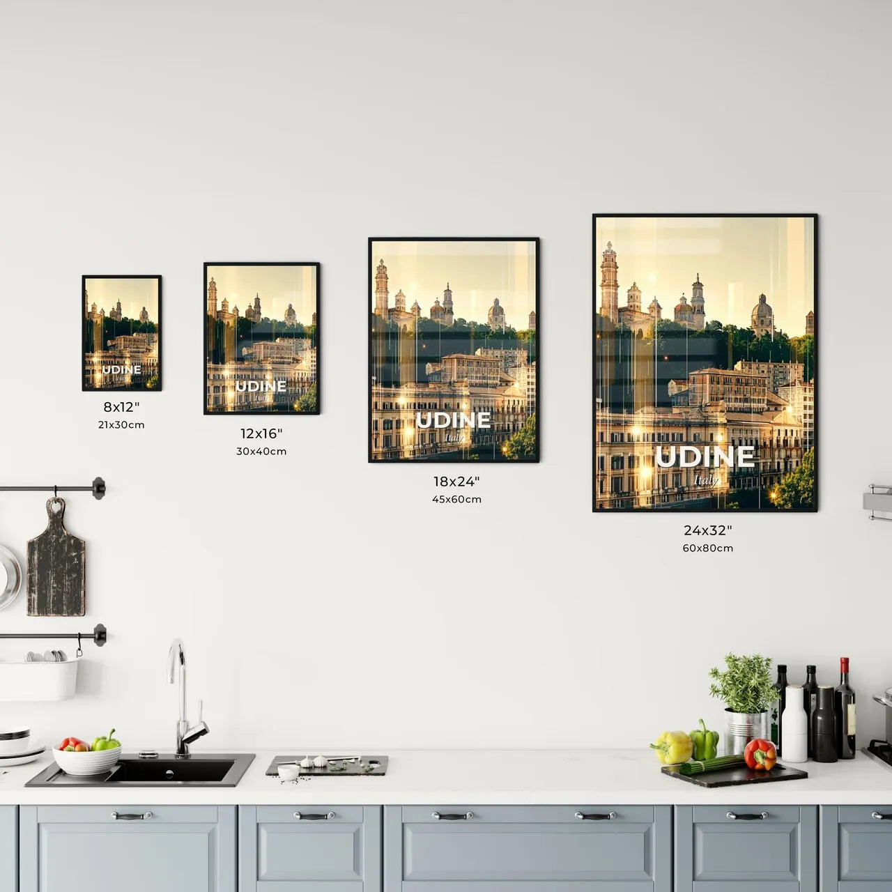 Udine City Skyline Poster Art with Sparkling Lights - A city with many buildings and trees Size Chart