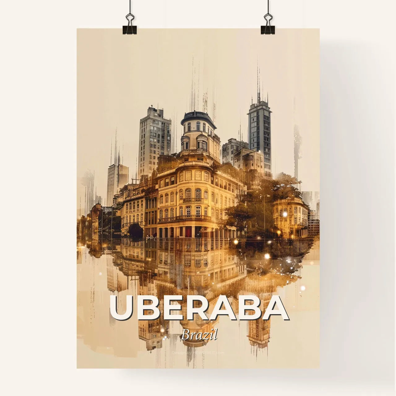 Uberaba Skyline Double Exposure Cityscape Poster - A city with buildings and trees reflected in water Poster