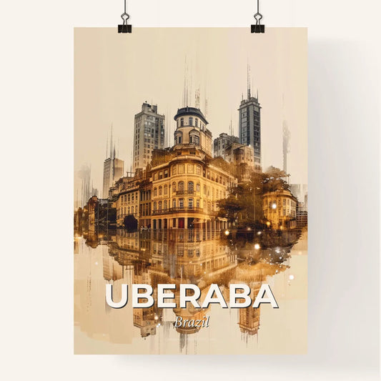 Uberaba Skyline Double Exposure Cityscape Poster - A city with buildings and trees reflected in water Poster