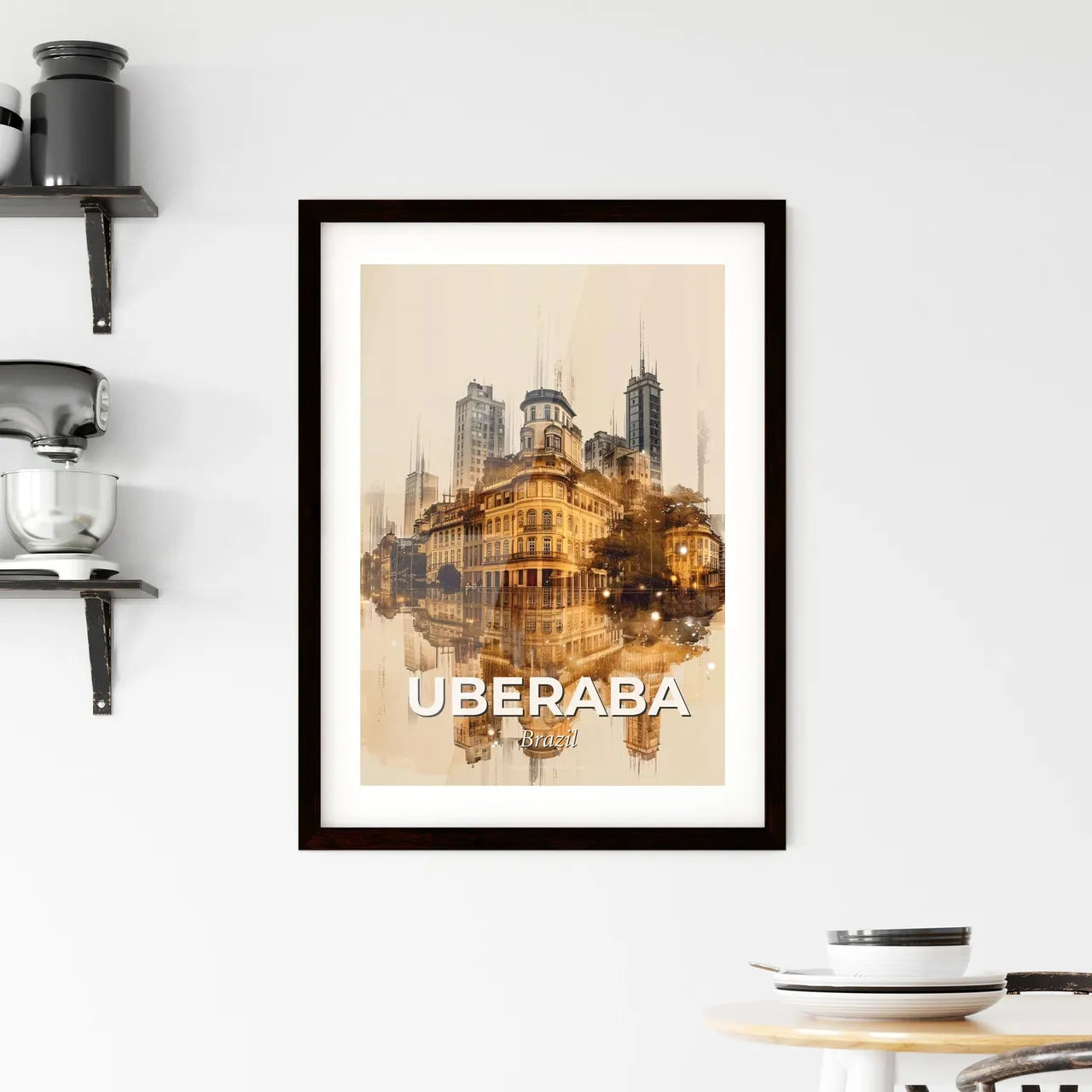 Uberaba Skyline Double Exposure Cityscape Poster - A city with buildings and trees reflected in water Custom Print