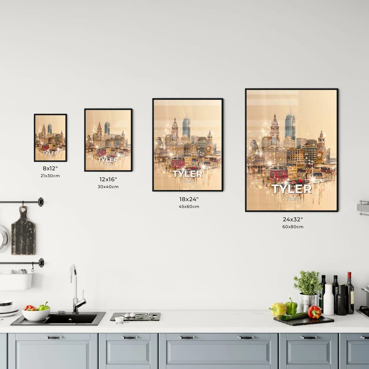 Tyler, Texas: City Skyline Art Deco Poster - A city skyline with many tall buildings Size Chart