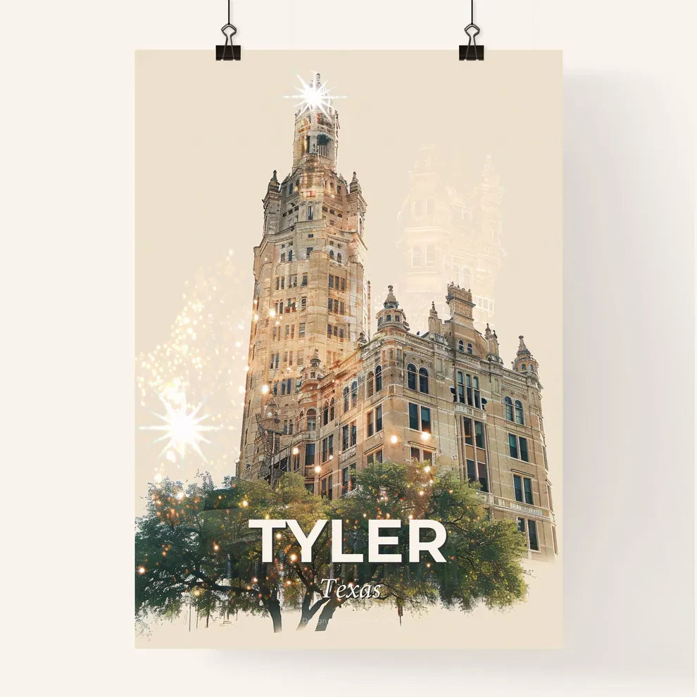 Tyler, Texas: City Skyline Art with Sparkle - A building with a tower and trees Poster
