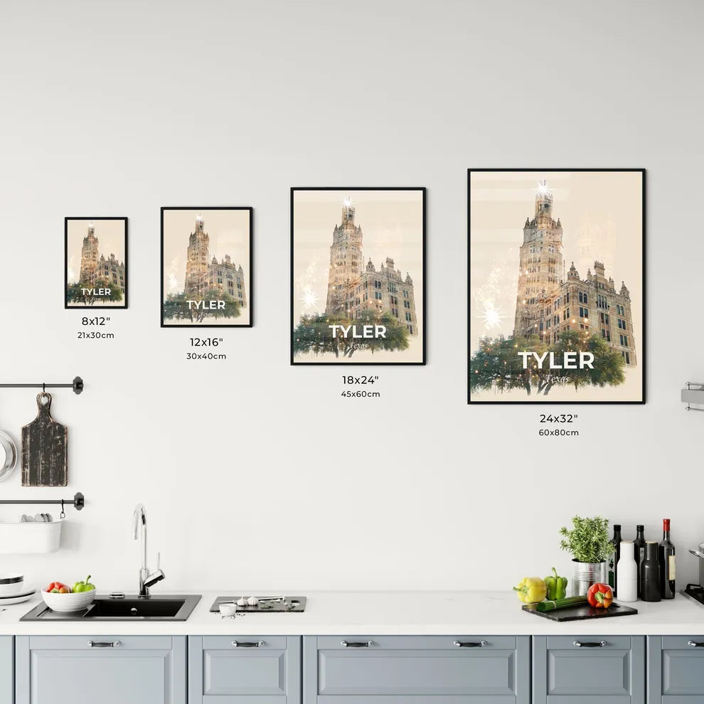 Tyler, Texas: City Skyline Art with Sparkle - A building with a tower and trees Size Chart