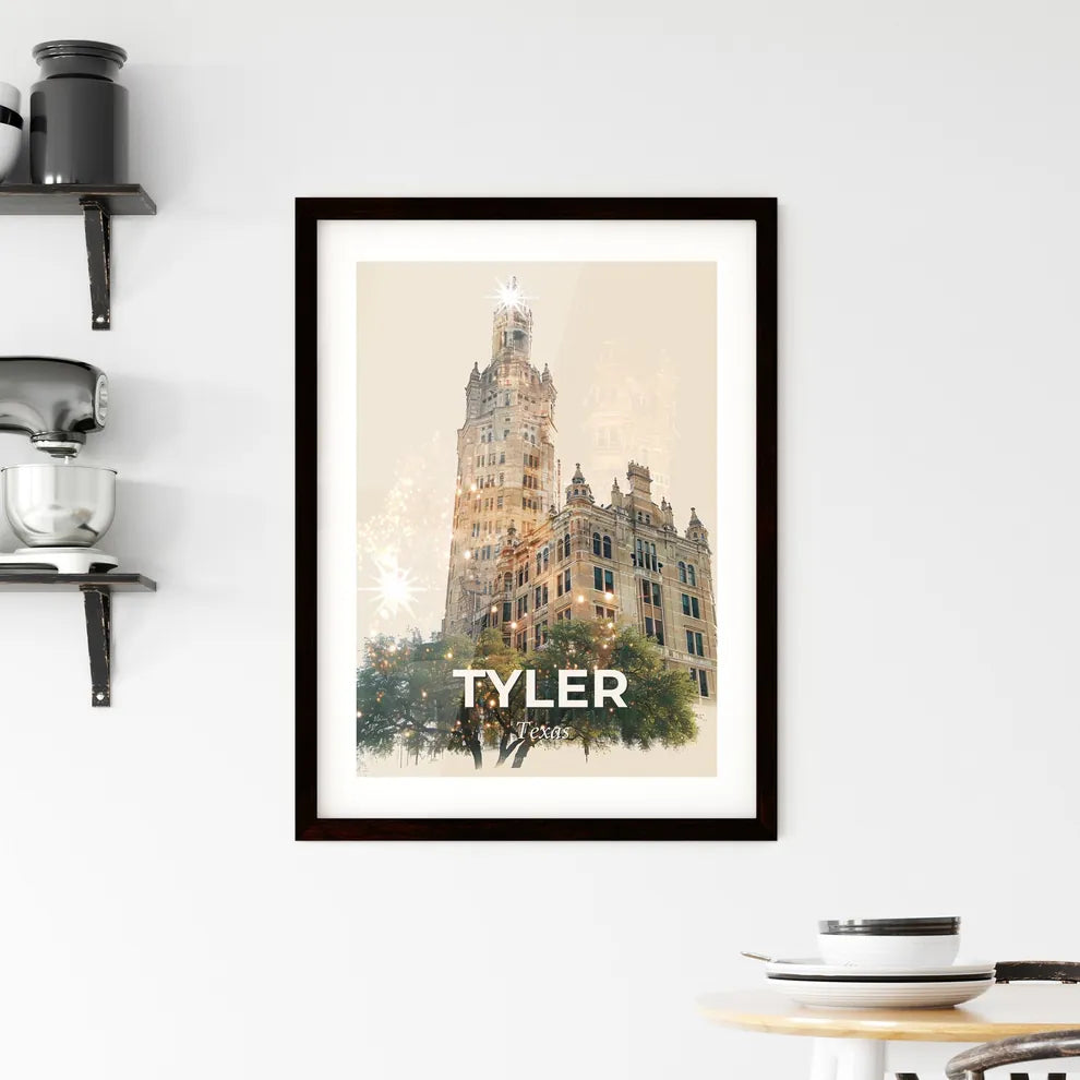 Tyler, Texas: City Skyline Art with Sparkle - A building with a tower and trees Custom Print