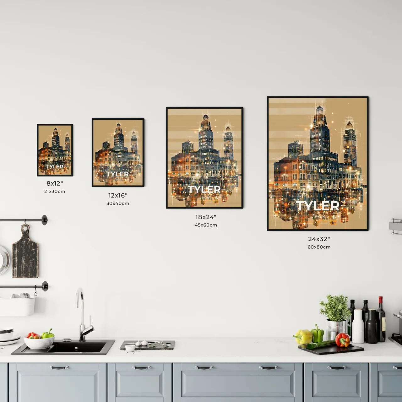 Tyler City Skyline Composite Art Poster - A city skyline with many buildings reflecting in water Size Chart