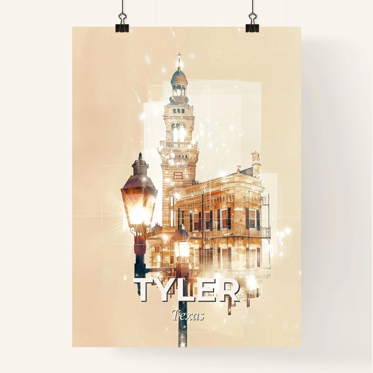 Tyler City Skyline Double Exposure Poster - A building with a lamp post and a tower Poster
