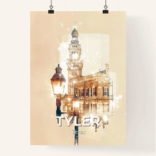Tyler City Skyline Double Exposure Poster - A building with a lamp post and a tower Poster